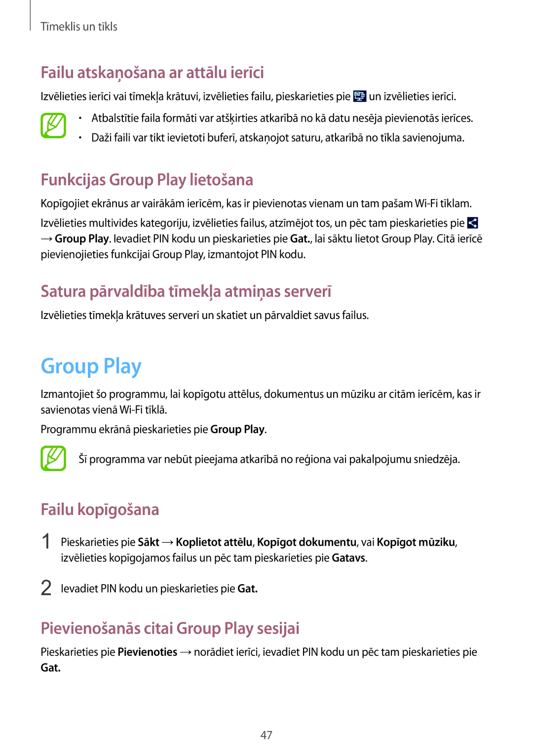 Samsung SM-T2100MKASEB, SM-T2100ZWASEB manual Failu atskaņošana ar attālu ierīci, Funkcijas Group Play lietošana 