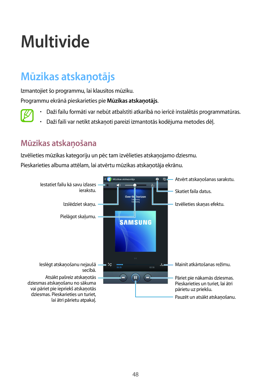 Samsung SM-T2100ZWASEB, SM-T2100MKASEB manual Multivide, Mūzikas atskaņotājs, Mūzikas atskaņošana 