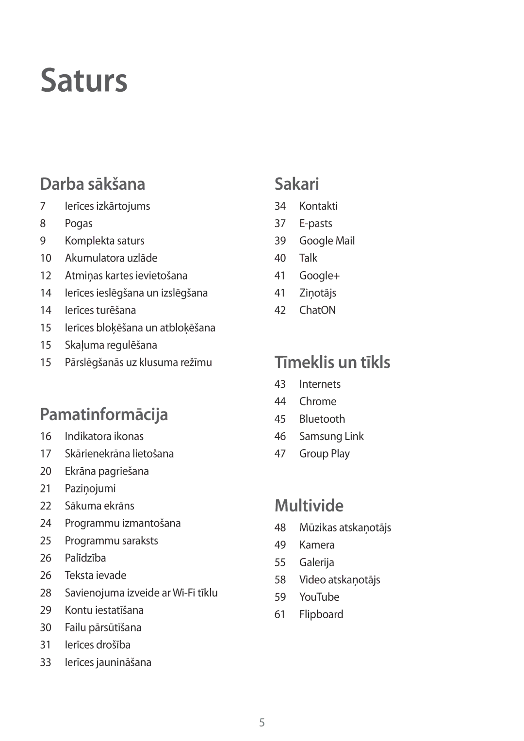 Samsung SM-T2100MKASEB, SM-T2100ZWASEB manual Saturs, Kontakti Pasts Google Mail Talk Google+ 41 Ziņotājs ChatON 