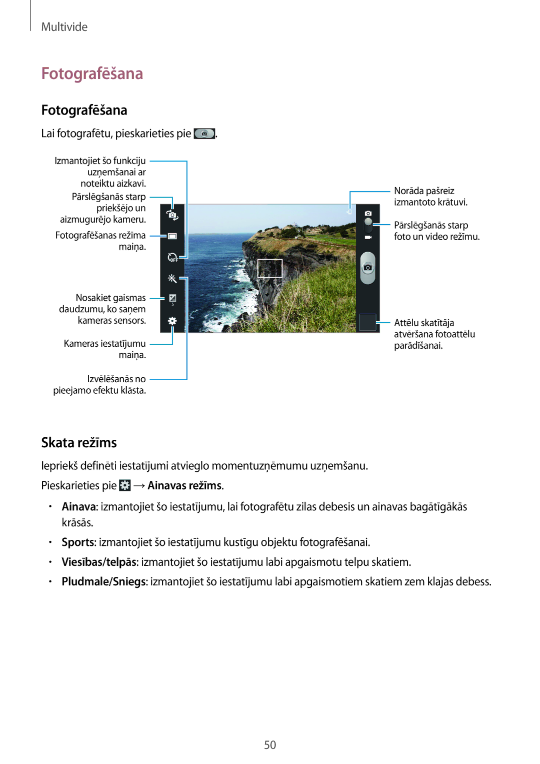 Samsung SM-T2100ZWASEB, SM-T2100MKASEB manual Fotografēšana, Skata režīms, Lai fotografētu, pieskarieties pie 