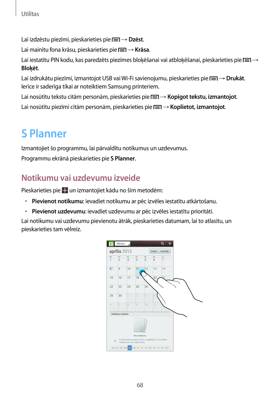 Samsung SM-T2100ZWASEB, SM-T2100MKASEB manual Planner, Notikumu vai uzdevumu izveide 