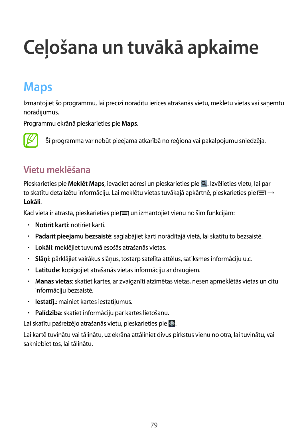 Samsung SM-T2100MKASEB, SM-T2100ZWASEB manual Ceļošana un tuvākā apkaime, Maps, Vietu meklēšana 