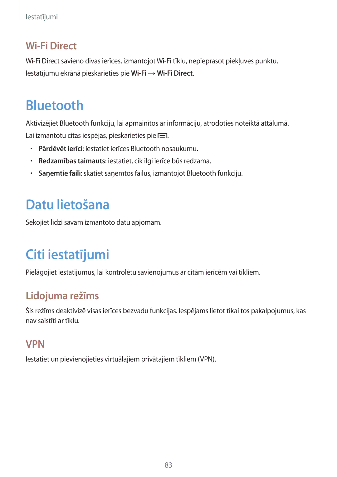 Samsung SM-T2100MKASEB, SM-T2100ZWASEB manual Datu lietošana, Citi iestatījumi, Wi-Fi Direct, Lidojuma režīms 