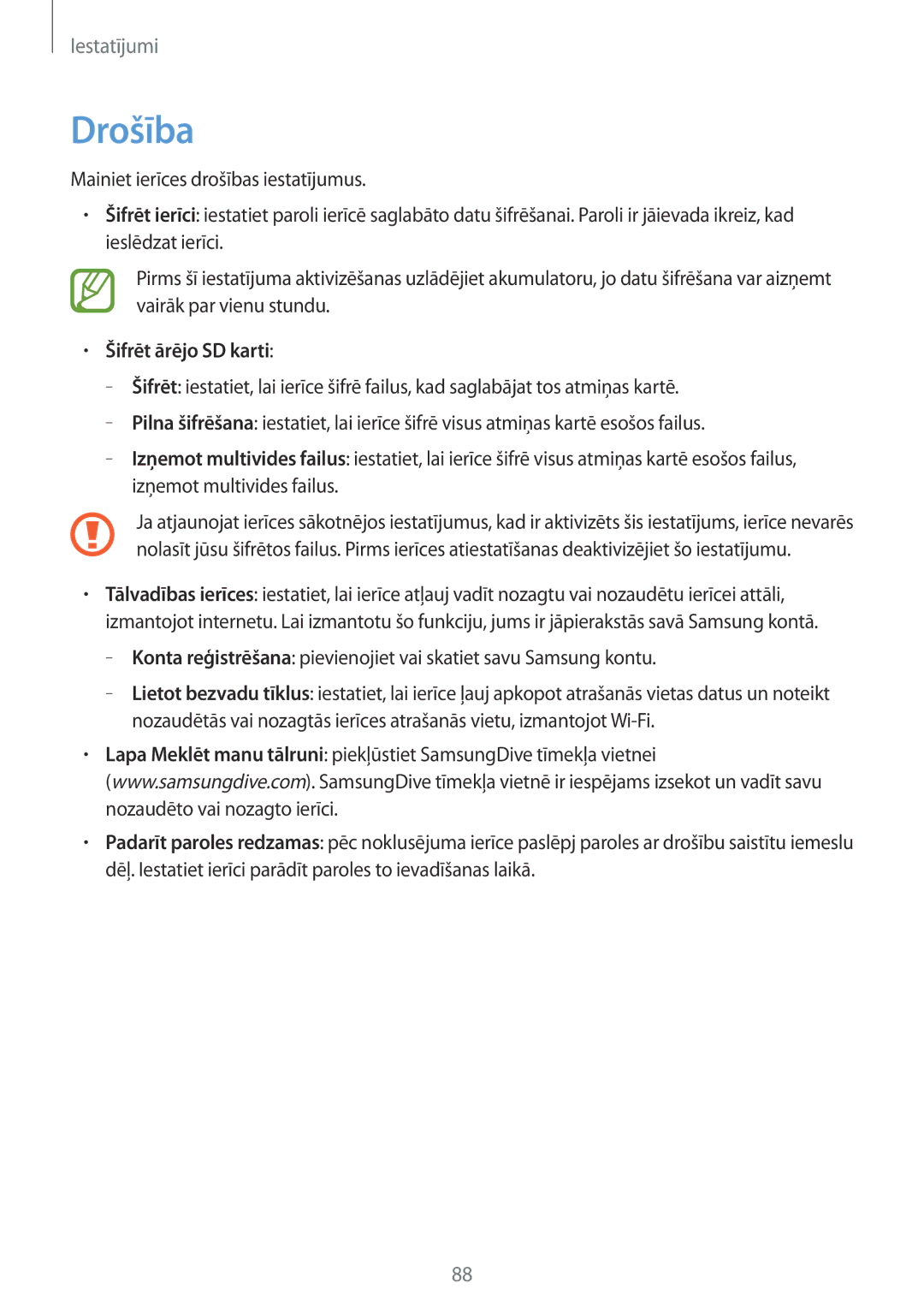 Samsung SM-T2100ZWASEB, SM-T2100MKASEB manual Drošība, Šifrēt ārējo SD karti 