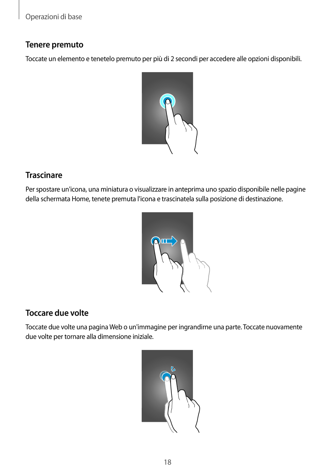 Samsung SM-T2100ZWAXET, SM-T2100ZWATUR, SM-T2100ZWAXEO, SM-T2100ZWAITV manual Tenere premuto, Trascinare, Toccare due volte 