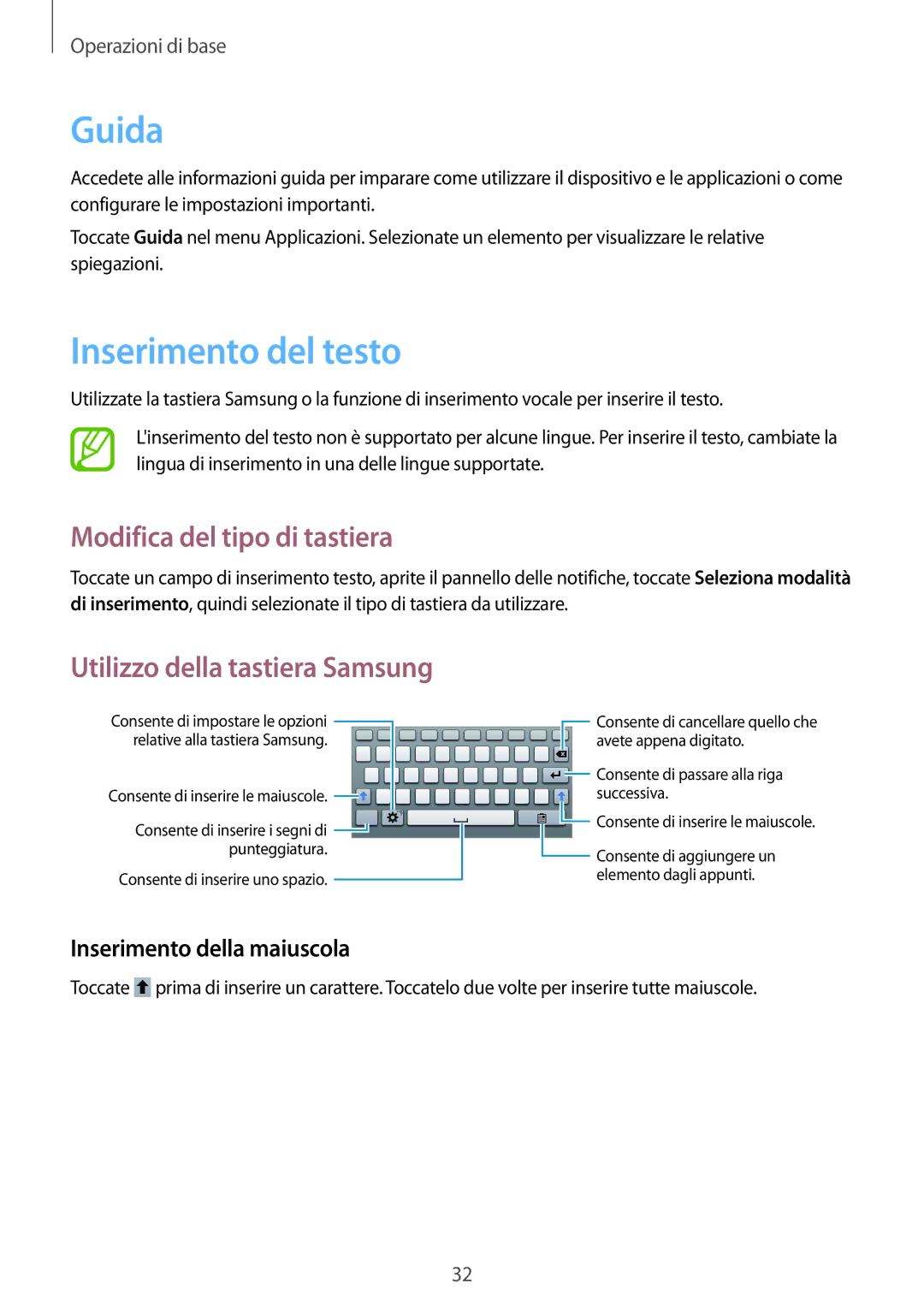 Samsung SM-T2100ZWATUR manual Guida, Inserimento del testo, Modifica del tipo di tastiera, Utilizzo della tastiera Samsung 