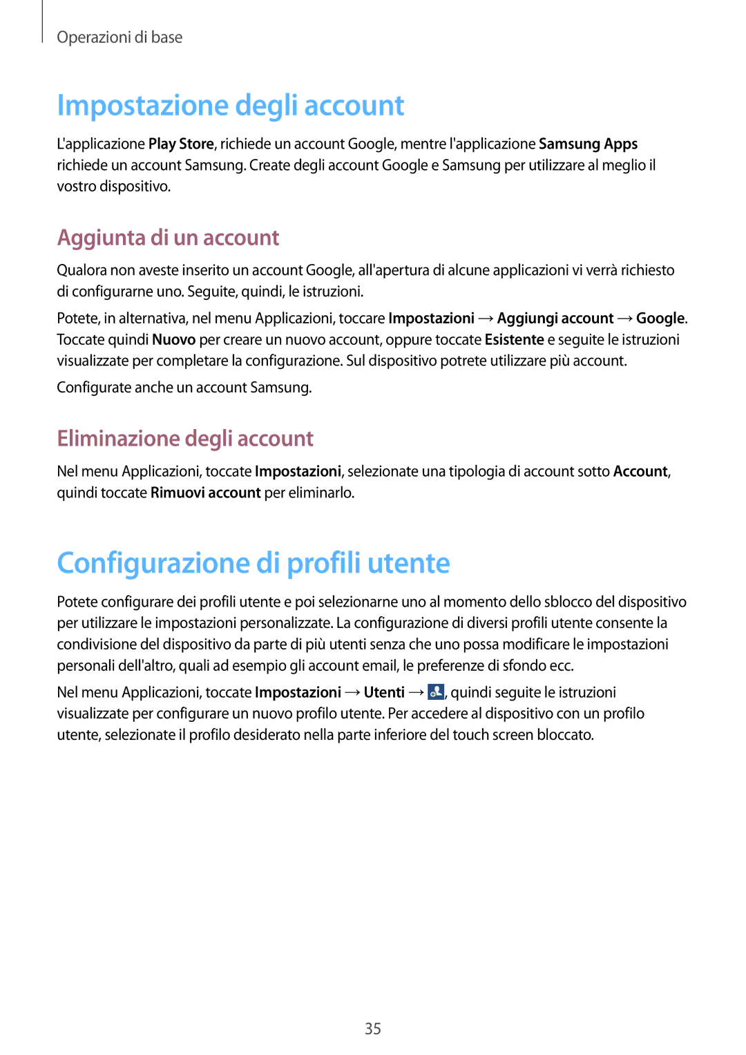 Samsung SM-T2100ZWAITV manual Impostazione degli account, Configurazione di profili utente, Aggiunta di un account 