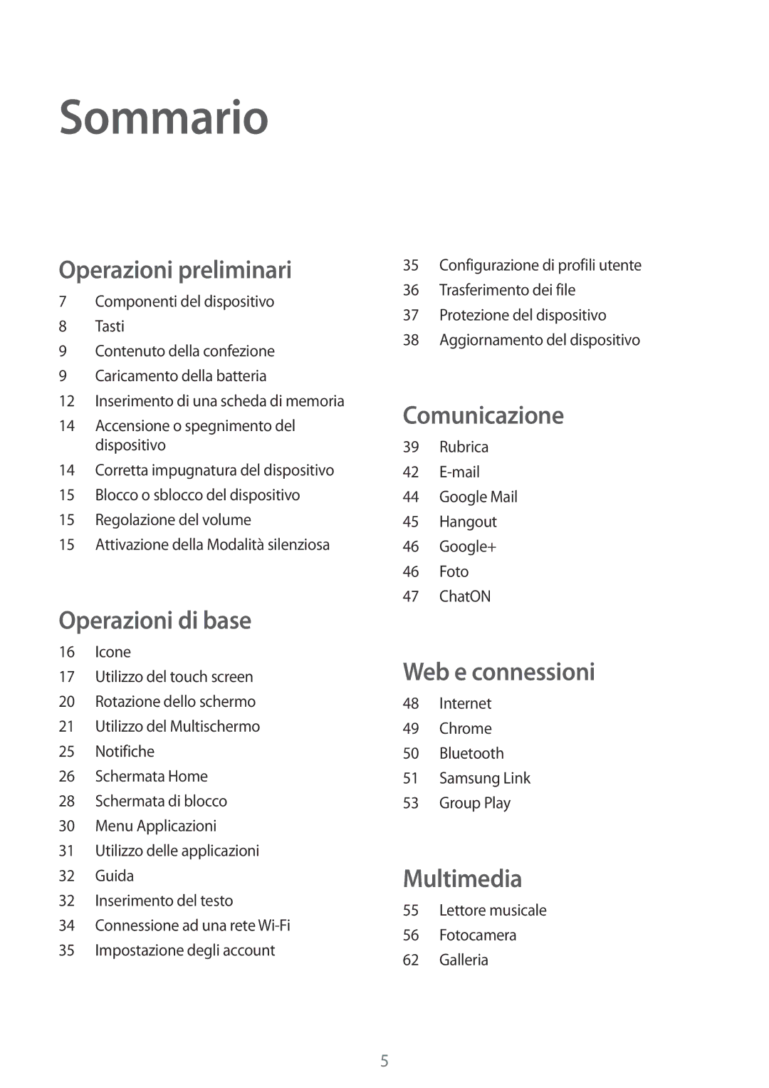 Samsung SM-T2100ZWAXEO, SM-T2100ZWATUR, SM-T2100ZWAXET, SM-T2100ZWAITV manual Sommario, Operazioni preliminari 