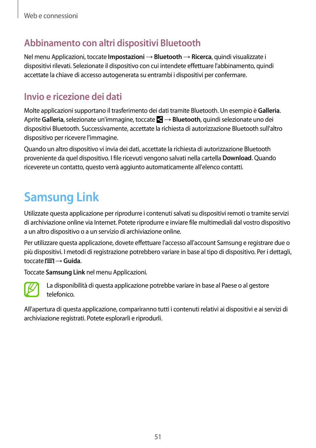 Samsung SM-T2100ZWAITV manual Samsung Link, Abbinamento con altri dispositivi Bluetooth, Invio e ricezione dei dati 