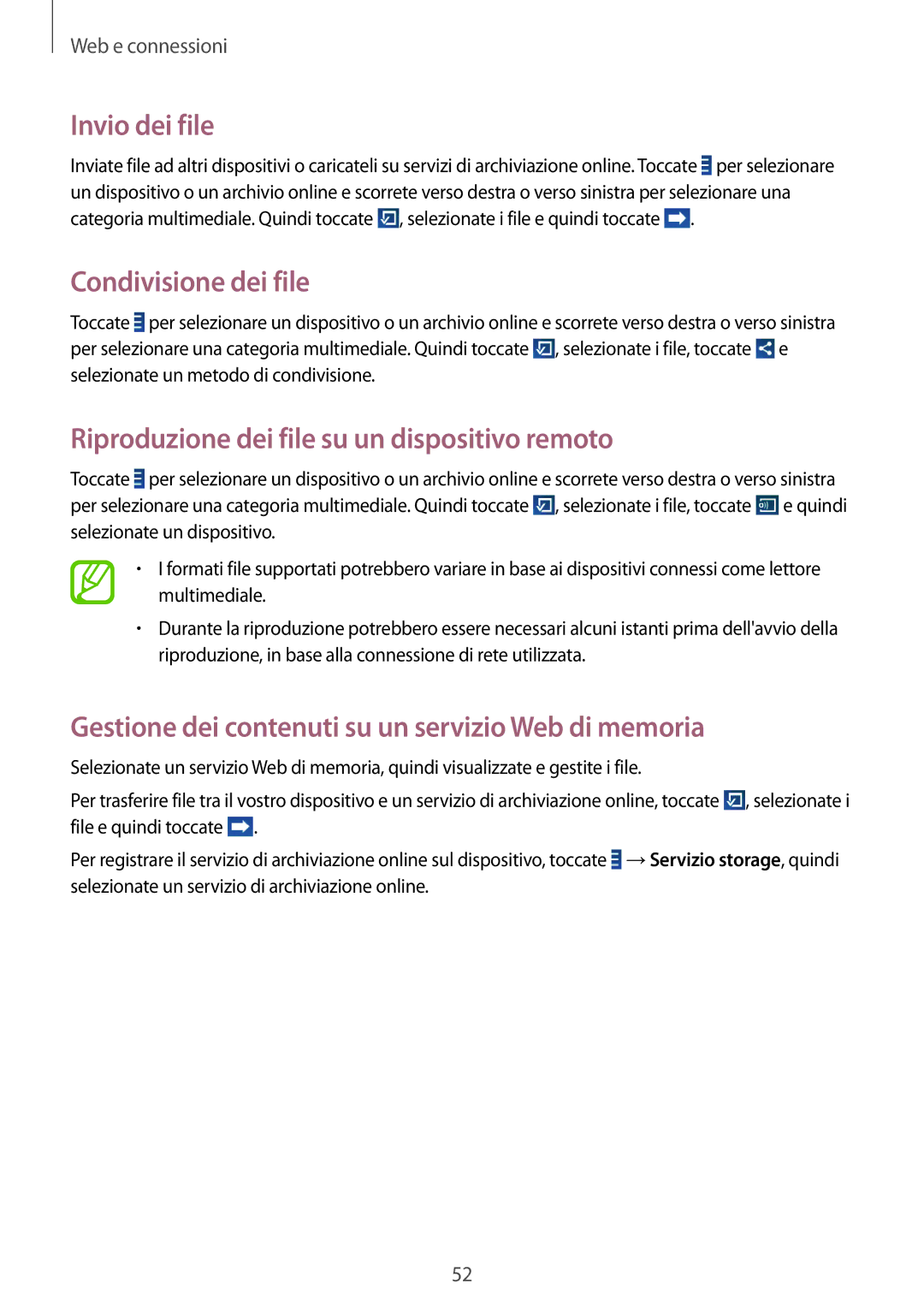 Samsung SM-T2100ZWATUR manual Invio dei file, Condivisione dei file, Riproduzione dei file su un dispositivo remoto 