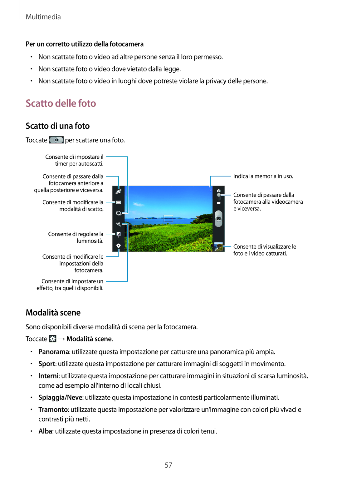 Samsung SM-T2100ZWAXEO Scatto delle foto, Scatto di una foto, Modalità scene, Per un corretto utilizzo della fotocamera 