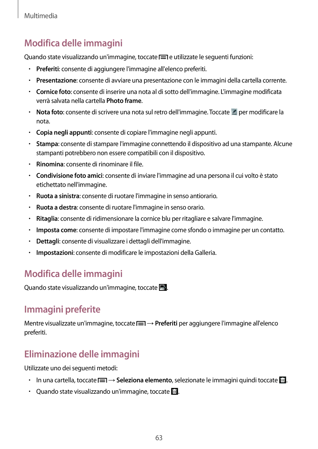 Samsung SM-T2100ZWAITV, SM-T2100ZWATUR manual Modifica delle immagini, Immagini preferite, Eliminazione delle immagini 