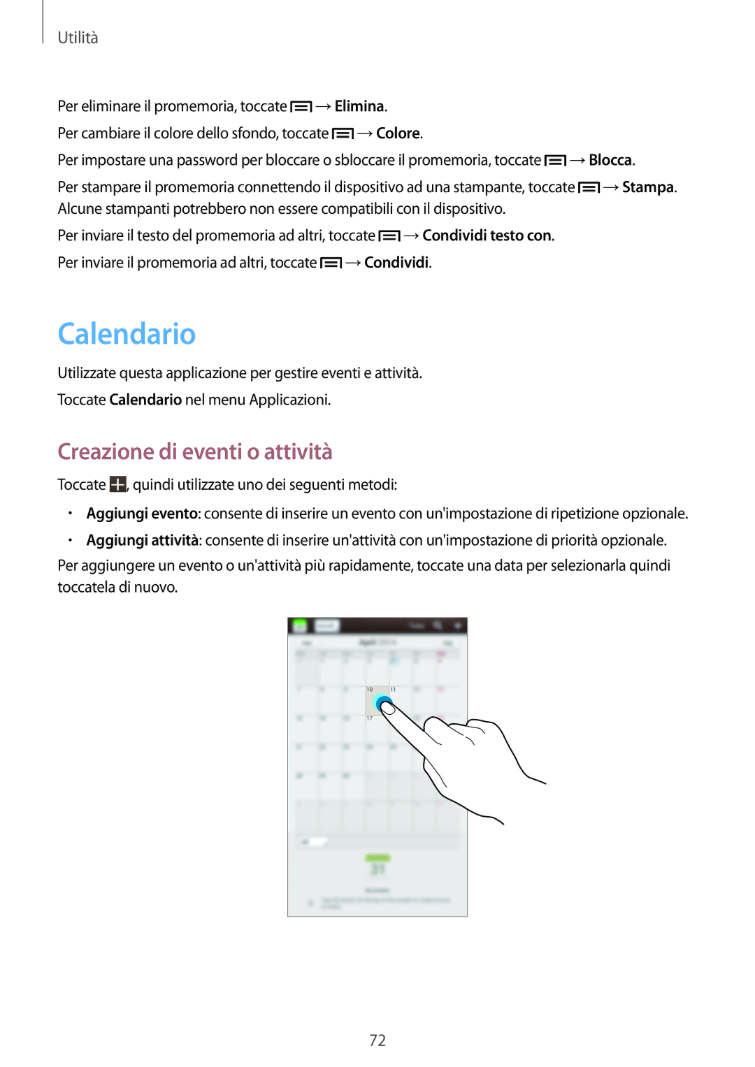 Samsung SM-T2100ZWATUR, SM-T2100ZWAXEO, SM-T2100ZWAXET, SM-T2100ZWAITV manual Calendario, Creazione di eventi o attività 