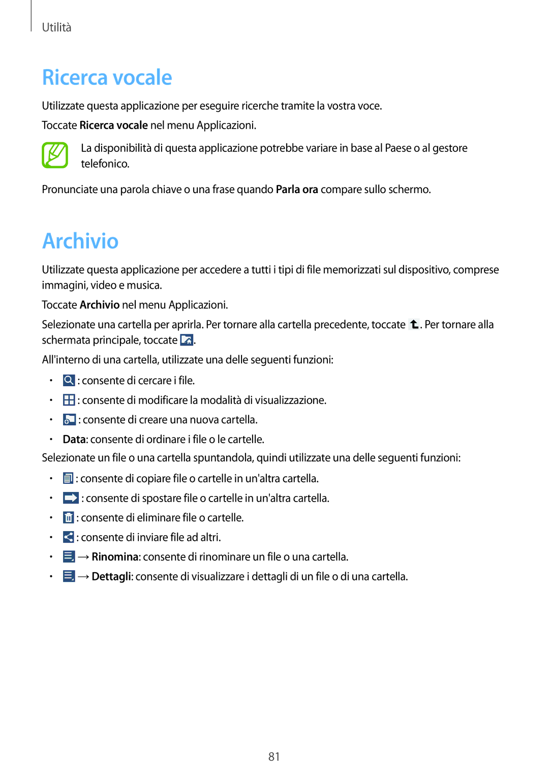 Samsung SM-T2100ZWAXEO, SM-T2100ZWATUR, SM-T2100ZWAXET, SM-T2100ZWAITV manual Ricerca vocale, Archivio 