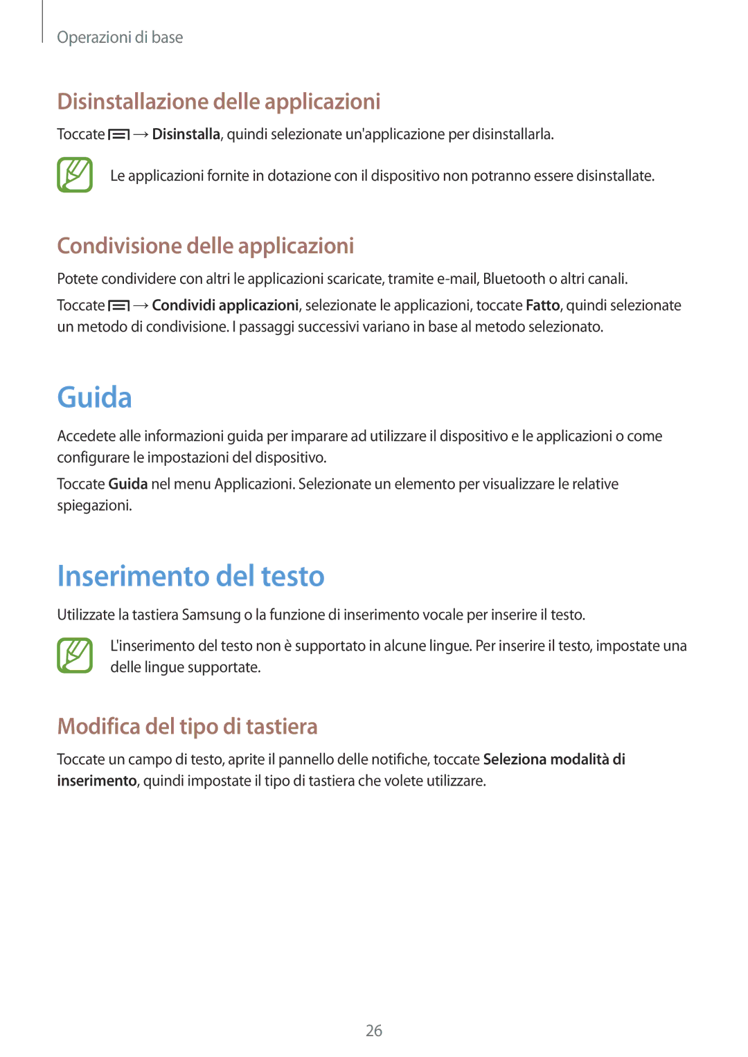 Samsung SM-T2100ZWAXET Guida, Inserimento del testo, Disinstallazione delle applicazioni, Condivisione delle applicazioni 