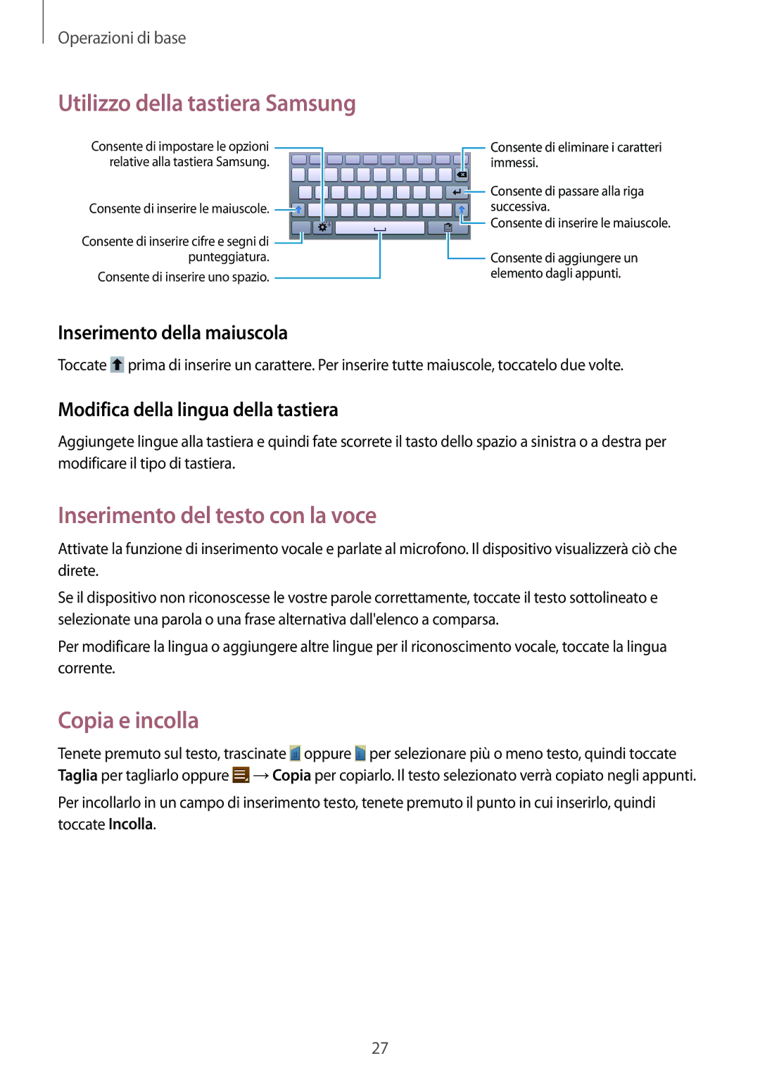 Samsung SM-T2100ZWAITV, SM-T2100ZWATUR Utilizzo della tastiera Samsung, Inserimento del testo con la voce, Copia e incolla 