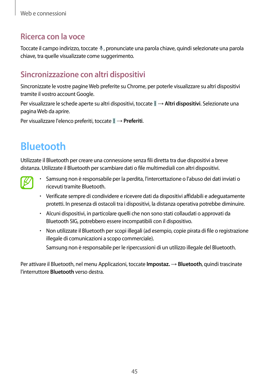 Samsung SM-T2100ZWAXEO, SM-T2100ZWATUR, SM-T2100ZWAXET, SM-T2100ZWAITV Bluetooth, Sincronizzazione con altri dispositivi 