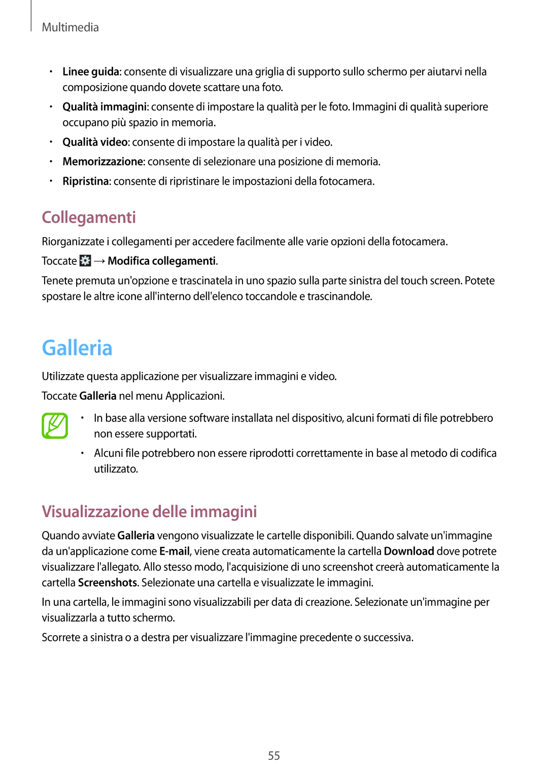 Samsung SM-T2100ZWAITV manual Galleria, Collegamenti, Visualizzazione delle immagini, Toccate →Modifica collegamenti 