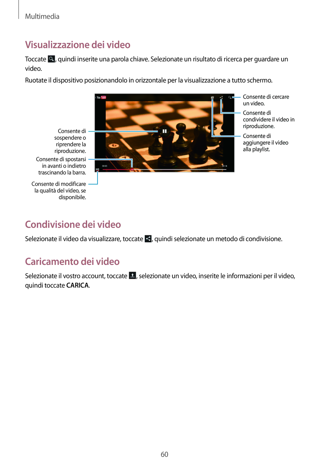 Samsung SM-T2100ZWATUR, SM-T2100ZWAXEO, SM-T2100ZWAXET, SM-T2100ZWAITV manual Visualizzazione dei video, Caricamento dei video 