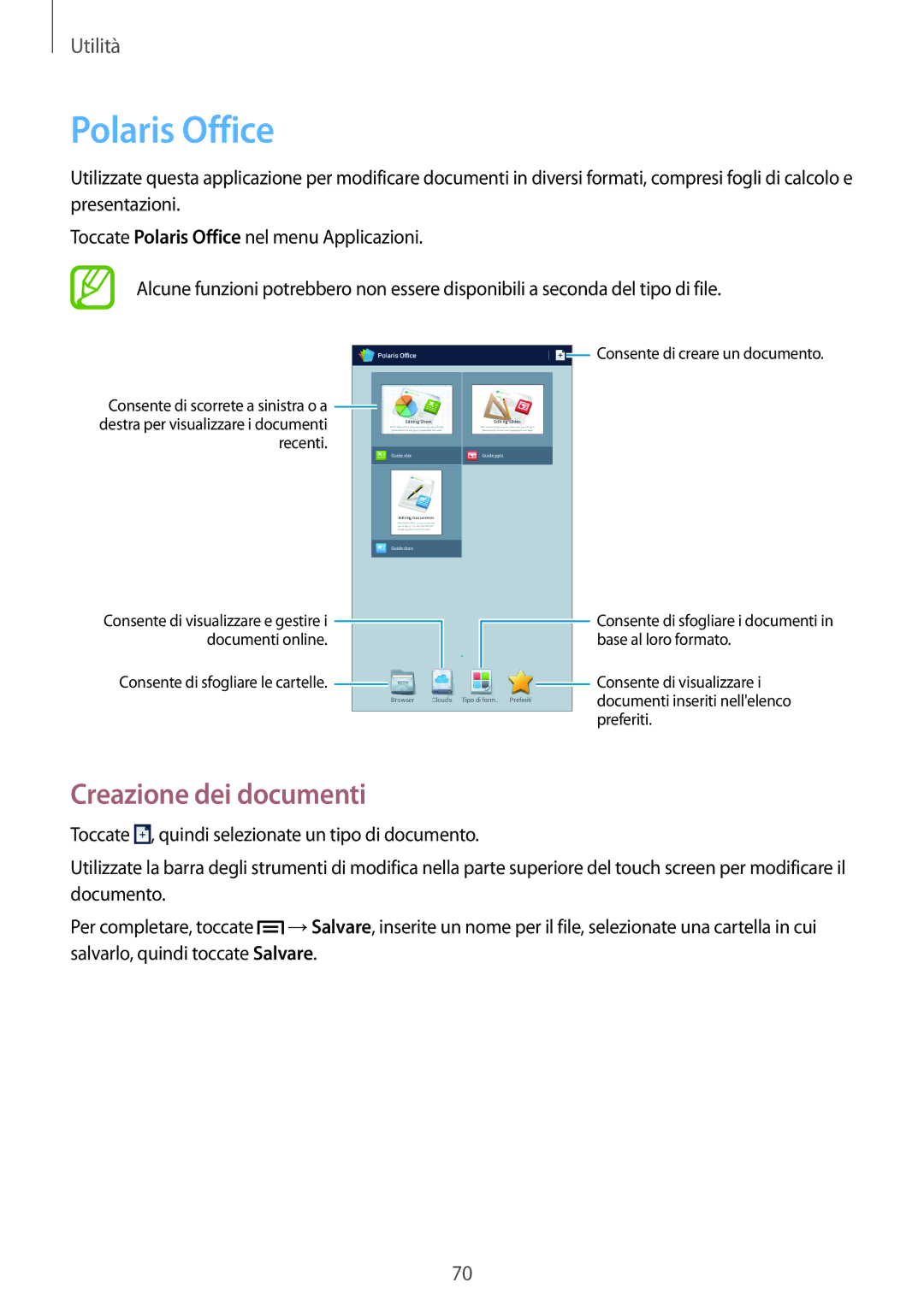 Samsung SM-T2100ZWAXET, SM-T2100ZWATUR, SM-T2100ZWAXEO, SM-T2100ZWAITV manual Polaris Office, Creazione dei documenti 