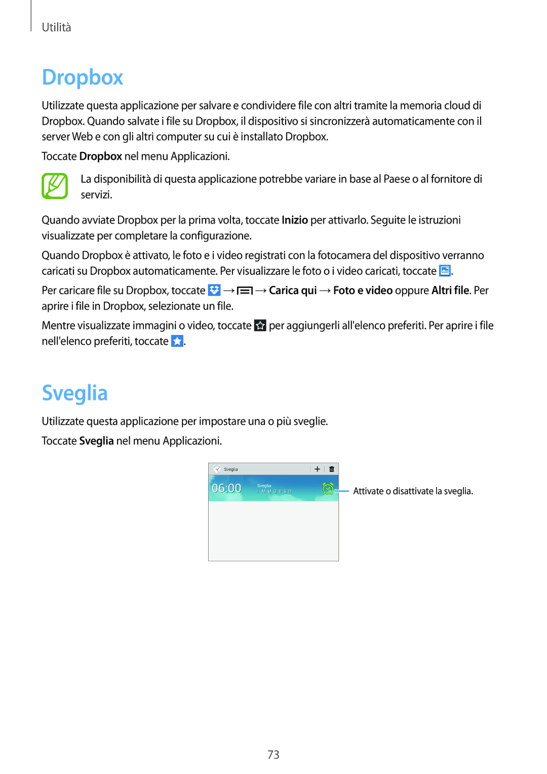 Samsung SM-T2100ZWAXEO, SM-T2100ZWATUR, SM-T2100ZWAXET, SM-T2100ZWAITV manual Dropbox, Sveglia 