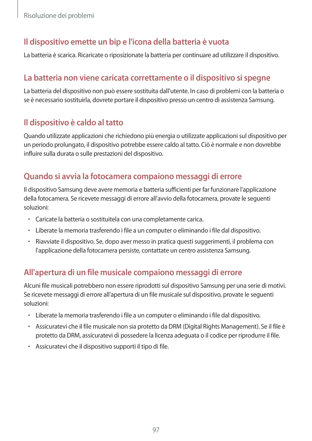 Samsung SM-T2100ZWAXEO, SM-T2100ZWATUR, SM-T2100ZWAXET manual Il dispositivo emette un bip e licona della batteria è vuota 