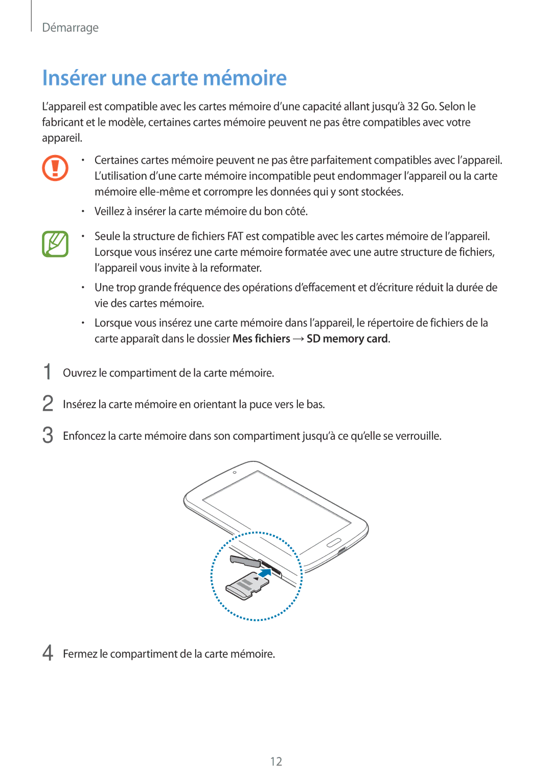 Samsung SM-T2100ZWZXEF, SM-T2100ZWAXEF, SM-T2100GRAXEF, SM-T2100MKAXEF, SM-T2100ZWAFTM manual Insérer une carte mémoire 