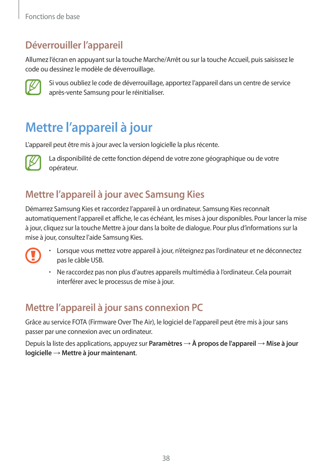 Samsung SM-T2100MKAXEF, SM-T2100ZWAXEF manual Déverrouiller l’appareil, Mettre l’appareil à jour avec Samsung Kies 