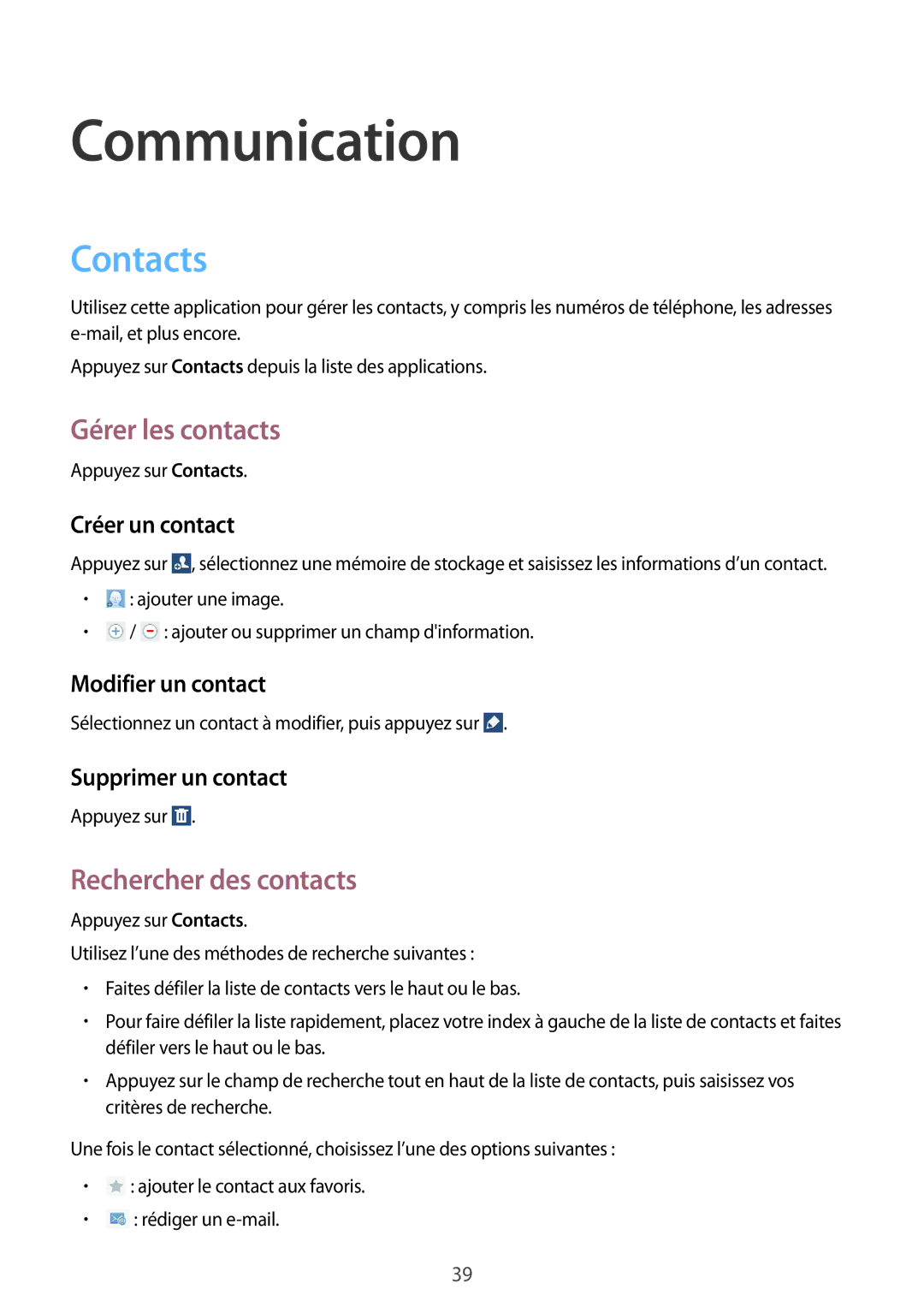 Samsung SM-T2100ZWAFTM, SM-T2100ZWAXEF, SM-T2100GRAXEF Communication, Contacts, Gérer les contacts, Rechercher des contacts 