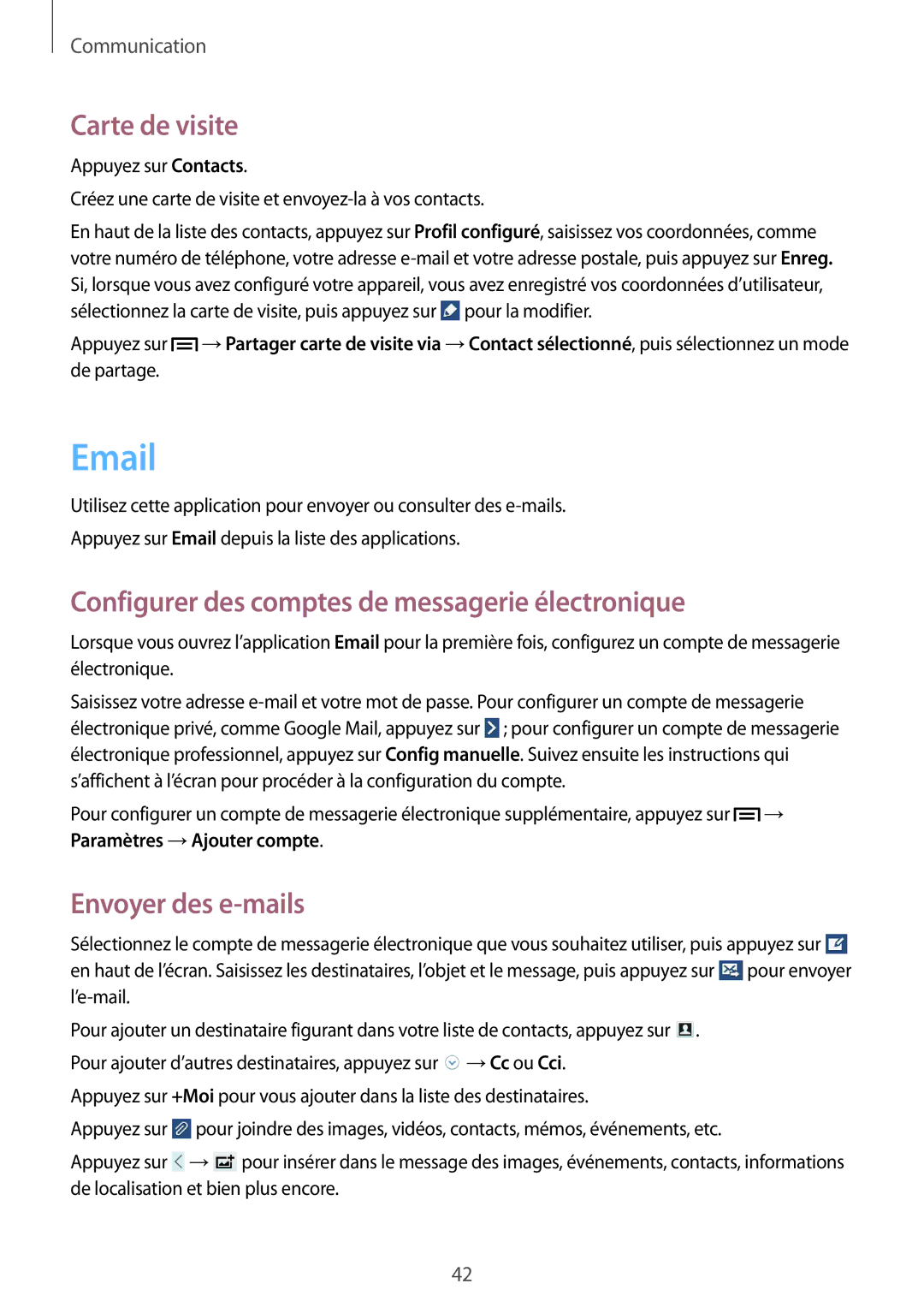 Samsung SM-T2100ZWZXEF manual Carte de visite, Configurer des comptes de messagerie électronique, Envoyer des e-mails 