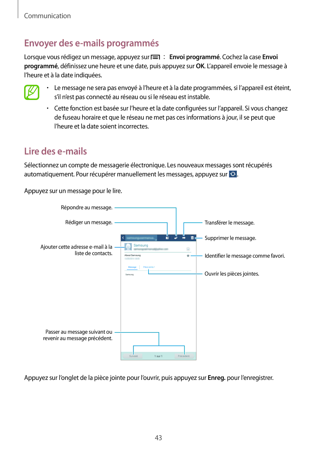 Samsung SM-T2100MKAXEF, SM-T2100ZWAXEF, SM-T2100GRAXEF, SM-T2100ZWZXEF manual Envoyer des e-mails programmés, Lire des e-mails 
