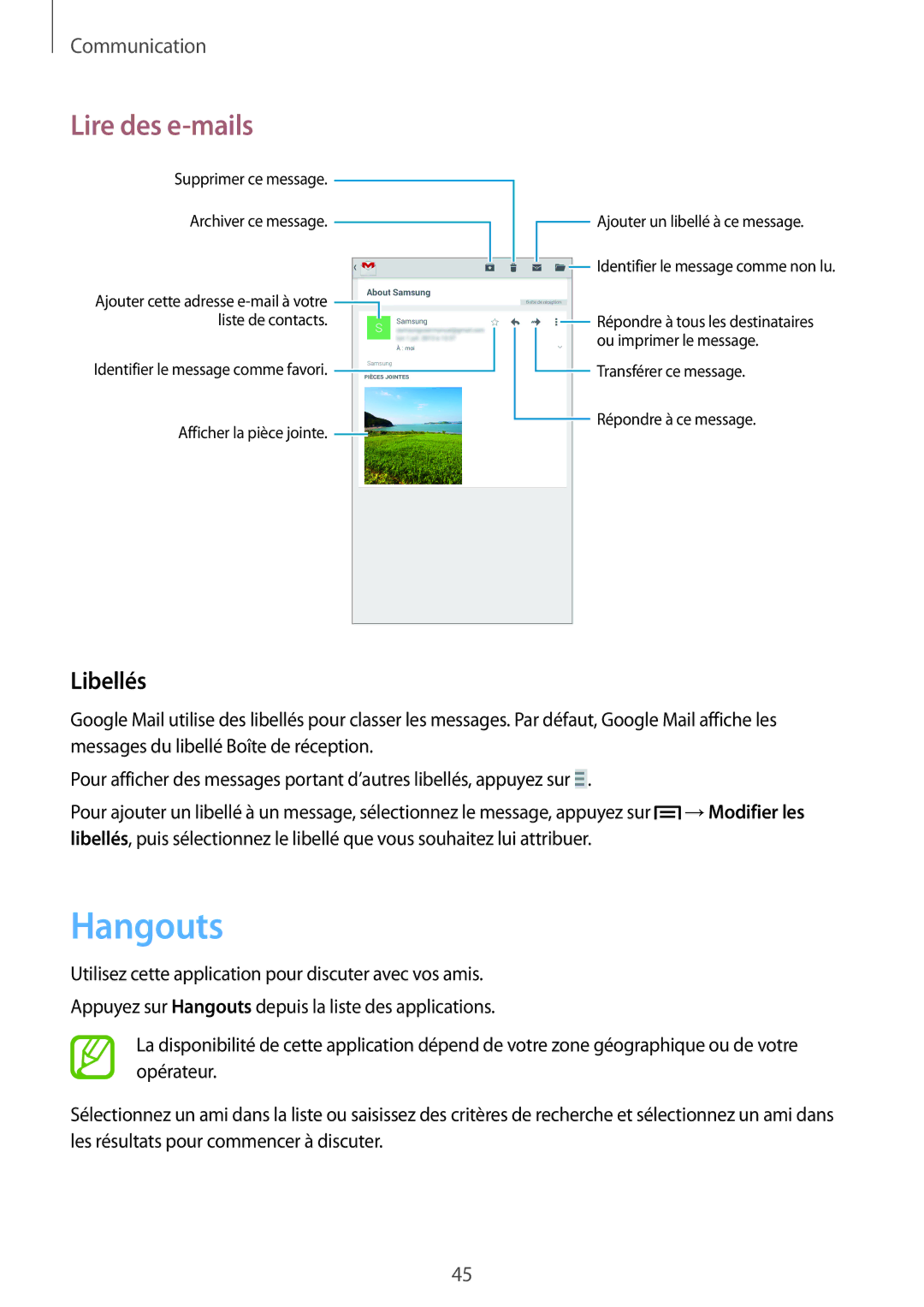 Samsung SM-T2100ZWAXEF, SM-T2100GRAXEF, SM-T2100ZWZXEF, SM-T2100MKAXEF, SM-T2100ZWAFTM manual Hangouts, Libellés 