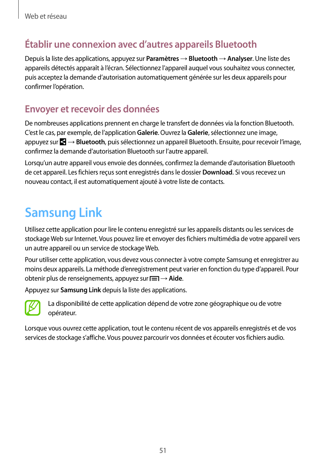 Samsung SM-T2100GRAXEF, SM-T2100ZWAXEF manual Samsung Link, Établir une connexion avec d’autres appareils Bluetooth 