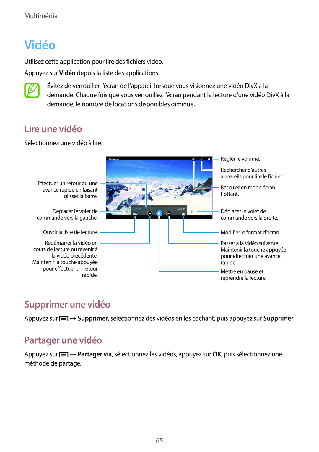 Samsung SM-T2100ZWAXEF, SM-T2100GRAXEF, SM-T2100ZWZXEF manual Vidéo, Lire une vidéo, Supprimer une vidéo, Partager une vidéo 