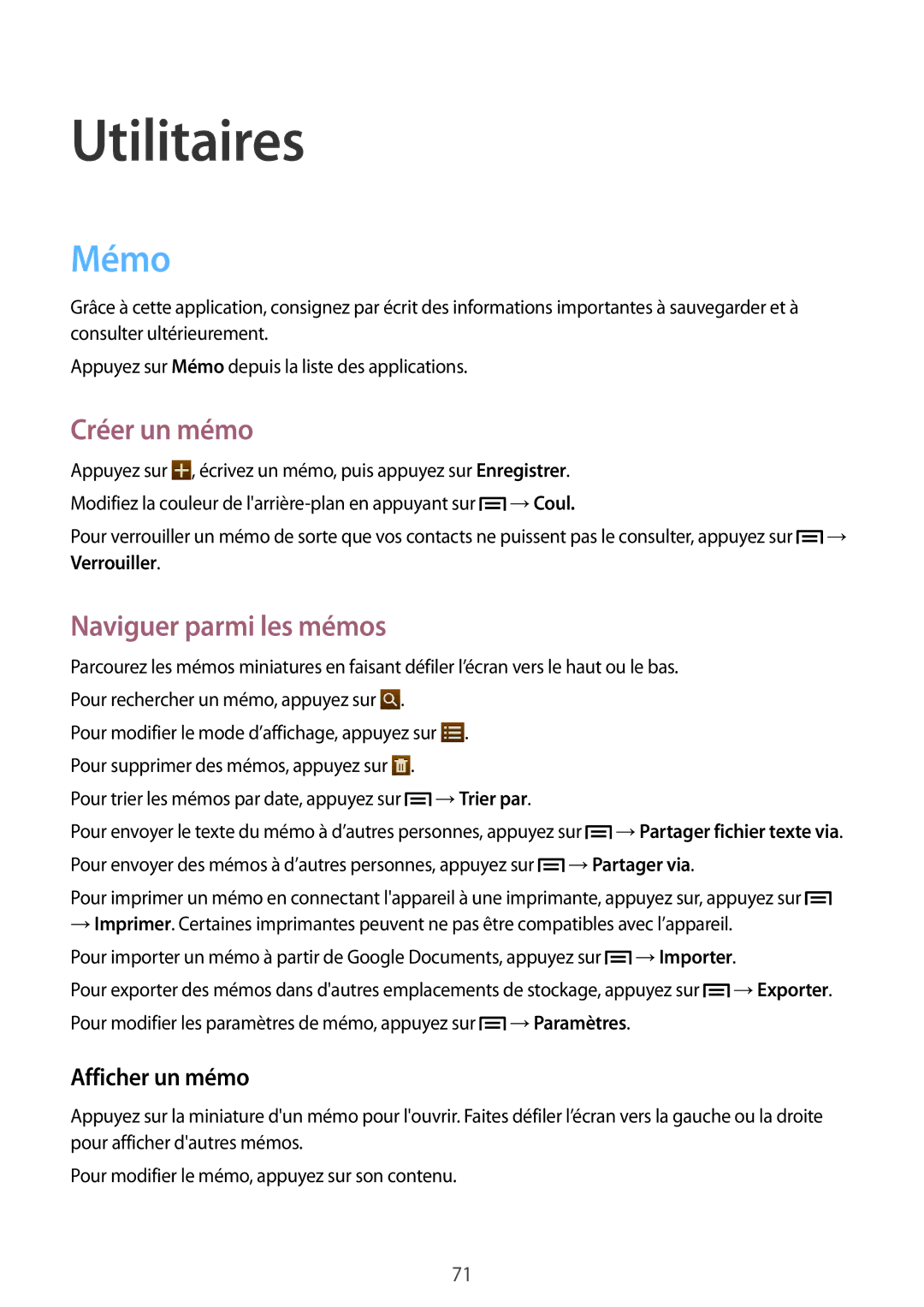 Samsung SM-T2100GRAXEF, SM-T2100ZWAXEF manual Utilitaires, Mémo, Créer un mémo, Naviguer parmi les mémos, Afficher un mémo 