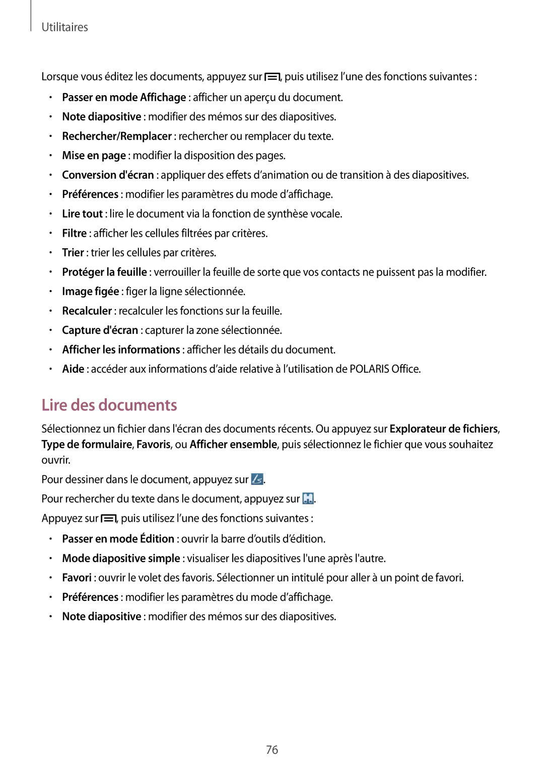 Samsung SM-T2100GRAXEF, SM-T2100ZWAXEF, SM-T2100ZWZXEF, SM-T2100MKAXEF, SM-T2100ZWAFTM manual Lire des documents 