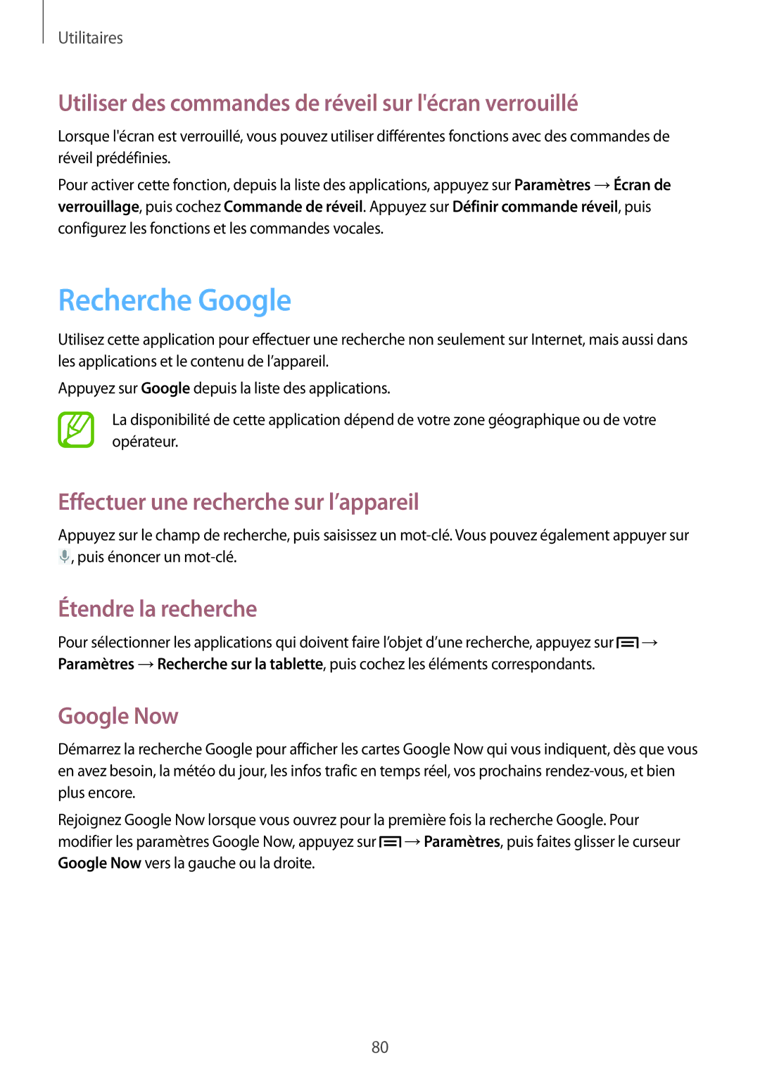 Samsung SM-T2100ZWAXEF Recherche Google, Utiliser des commandes de réveil sur lécran verrouillé, Étendre la recherche 