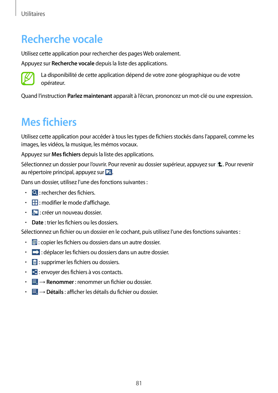 Samsung SM-T2100GRAXEF, SM-T2100ZWAXEF, SM-T2100ZWZXEF, SM-T2100MKAXEF, SM-T2100ZWAFTM manual Recherche vocale, Mes fichiers 