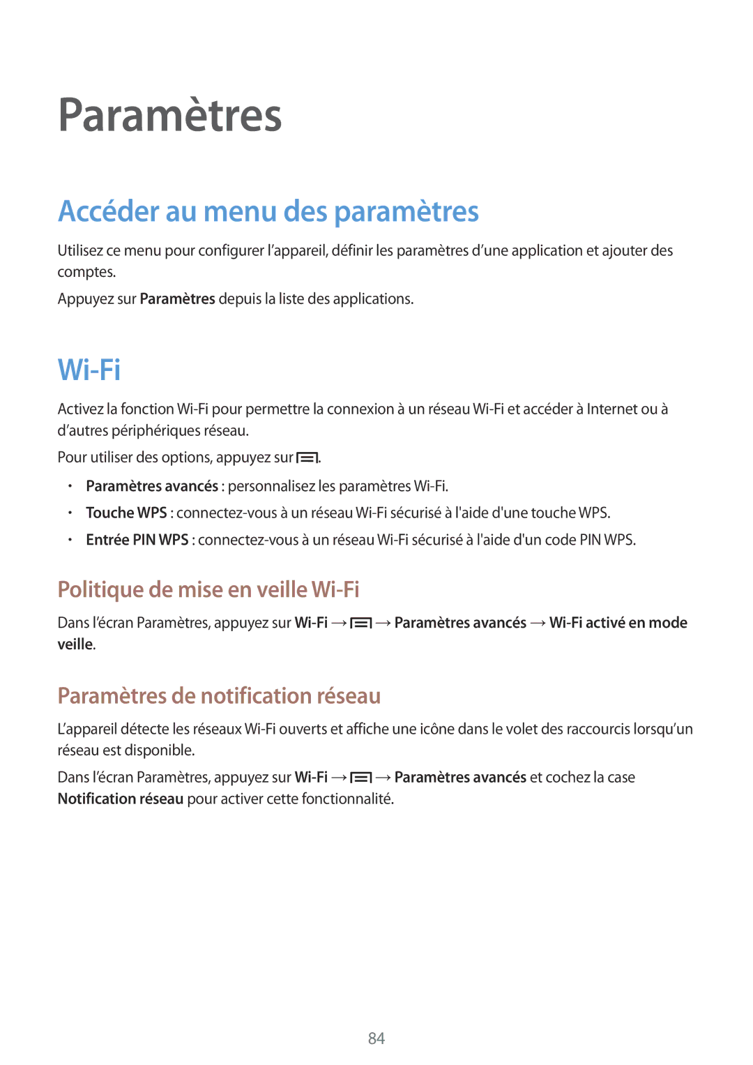 Samsung SM-T2100ZWAFTM, SM-T2100ZWAXEF Paramètres, Accéder au menu des paramètres, Politique de mise en veille Wi-Fi 