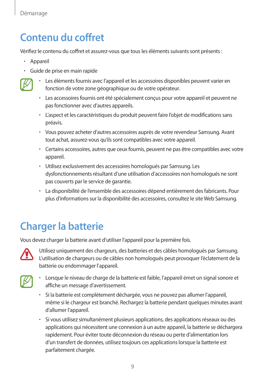 Samsung SM-T2100ZWAFTM, SM-T2100ZWAXEF, SM-T2100GRAXEF, SM-T2100ZWZXEF manual Contenu du coffret, Charger la batterie 