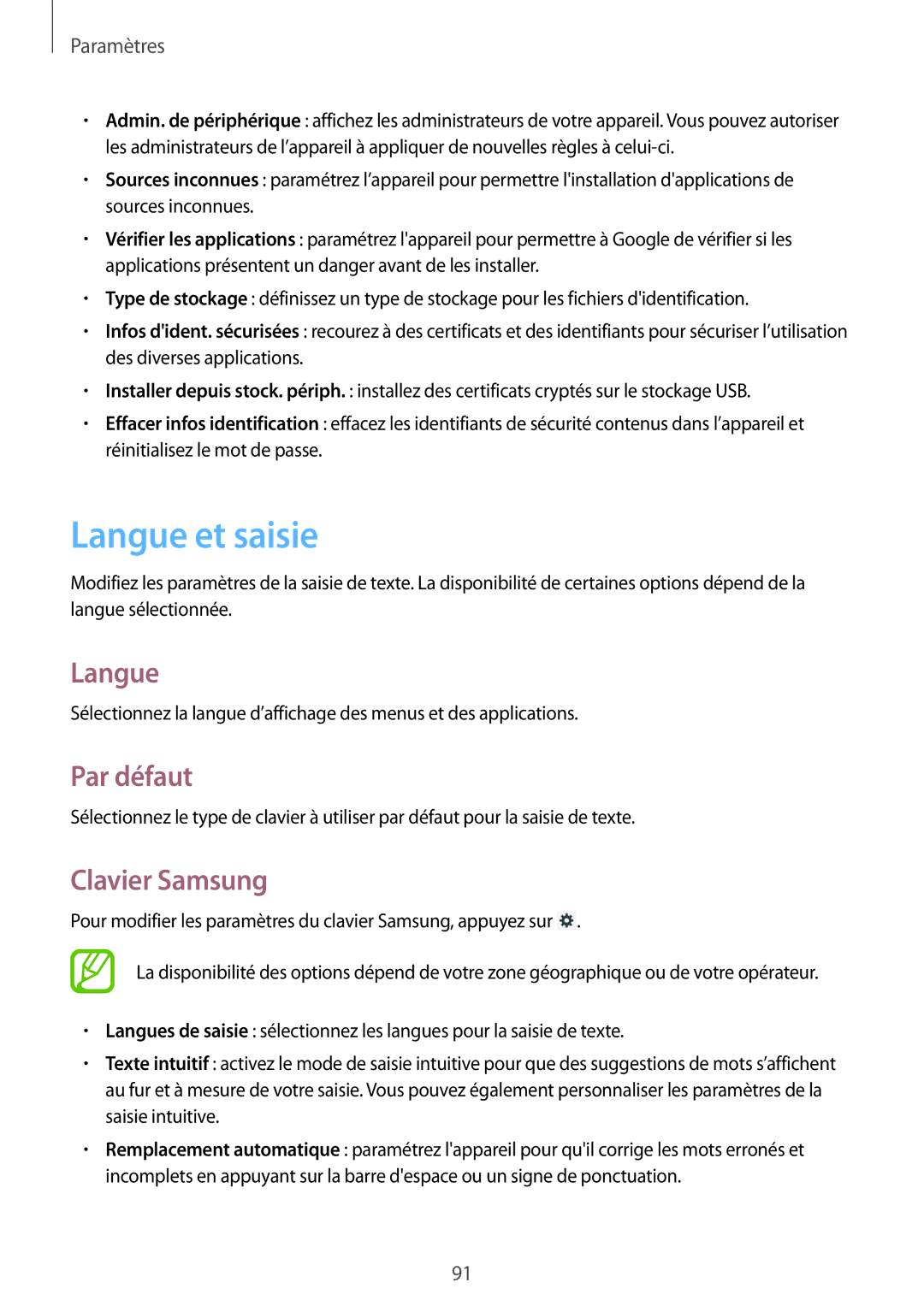 Samsung SM-T2100GRAXEF, SM-T2100ZWAXEF, SM-T2100ZWZXEF, SM-T2100MKAXEF manual Langue et saisie, Par défaut, Clavier Samsung 