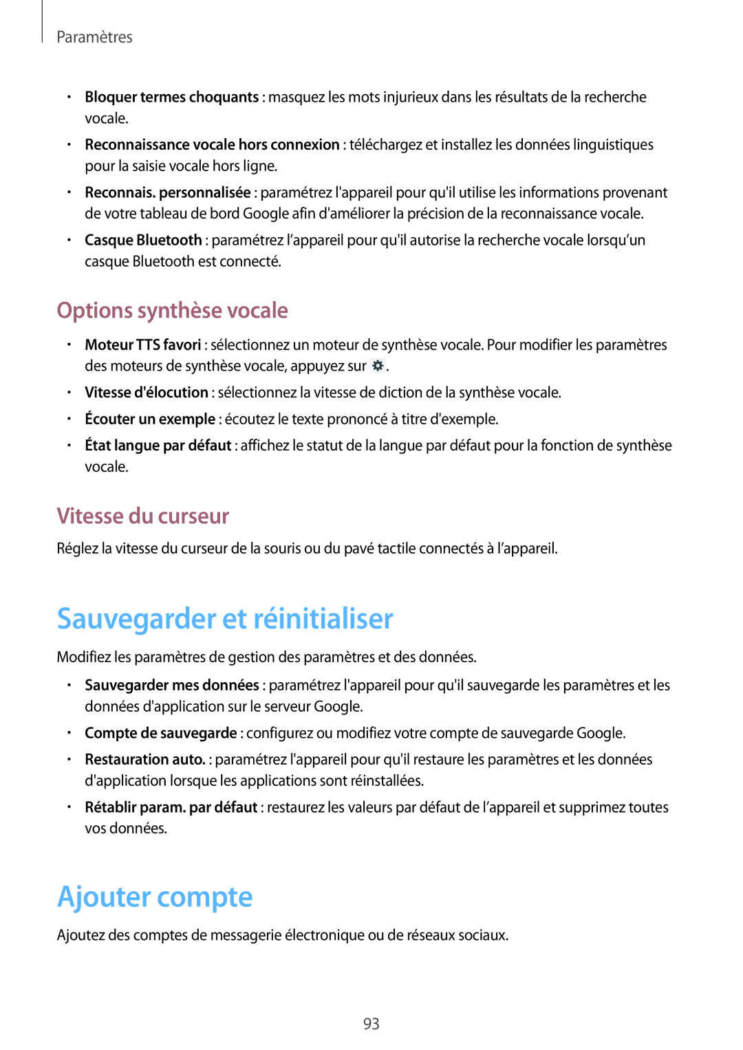 Samsung SM-T2100MKAXEF manual Sauvegarder et réinitialiser, Ajouter compte, Options synthèse vocale, Vitesse du curseur 