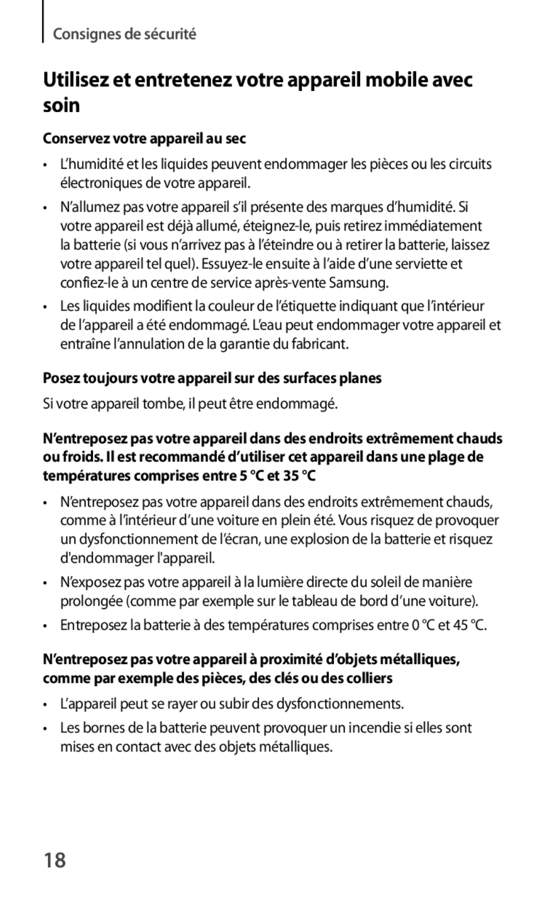 Samsung SM-T2100MKAXEF manual Conservez votre appareil au sec, Posez toujours votre appareil sur des surfaces planes 