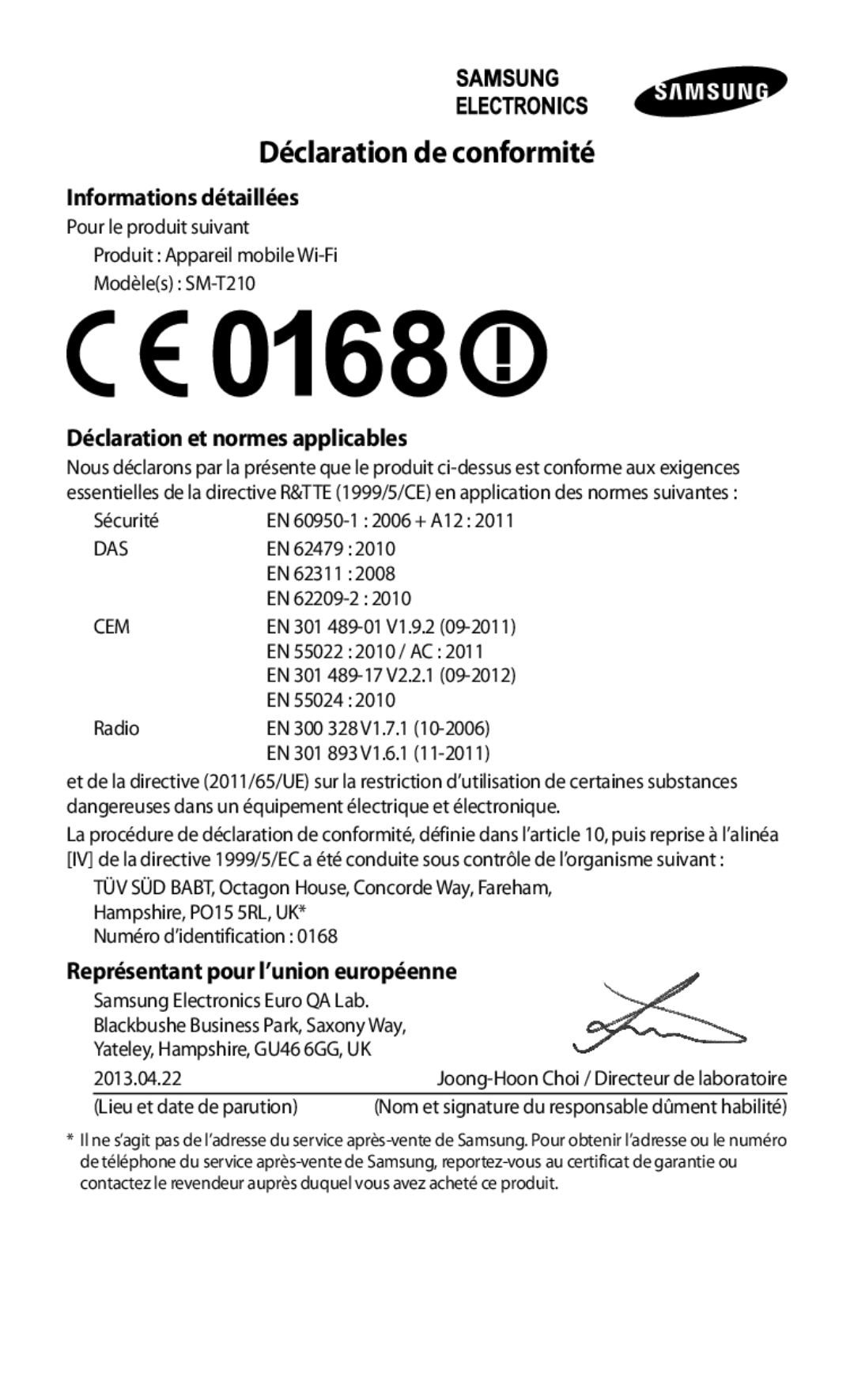 Samsung SM-T2100GRAXEF Informations détaillées, Déclaration et normes applicables, Représentant pour l’union européenne 