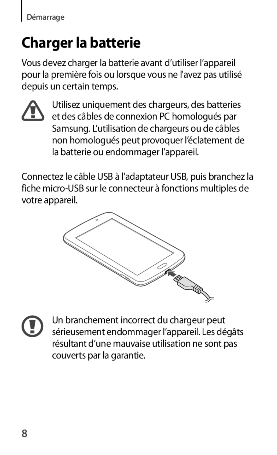 Samsung SM-T2100MKAXEF, SM-T2100ZWAXEF, SM-T2100GRAXEF, SM-T2100ZWZXEF, SM-T2100ZWAFTM manual Charger la batterie 