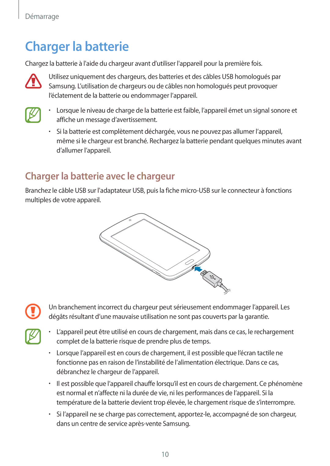 Samsung SM-T2100ZWAXEF, SM-T2100GRAXEF, SM-T2100ZWZXEF, SM-T2100MKAXEF manual Charger la batterie avec le chargeur 