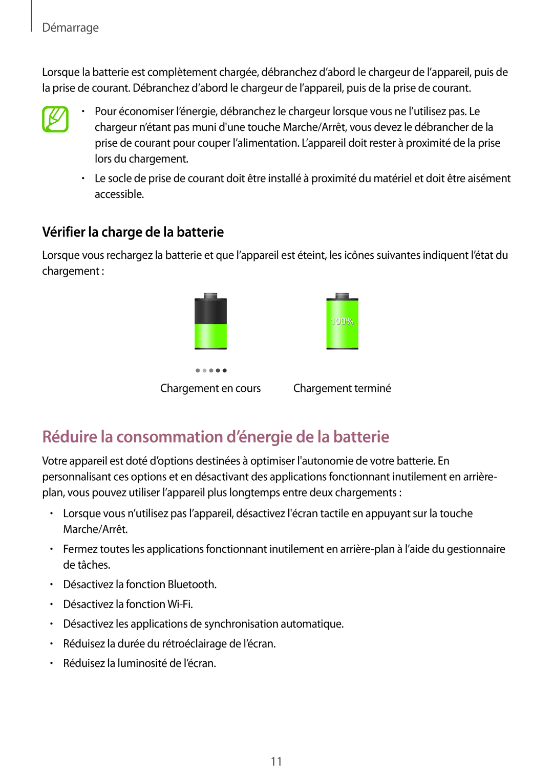 Samsung SM-T2100GRAXEF, SM-T2100ZWAXEF Réduire la consommation d’énergie de la batterie, Vérifier la charge de la batterie 