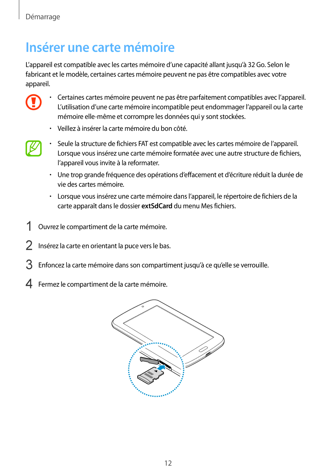 Samsung SM-T2100ZWZXEF, SM-T2100ZWAXEF, SM-T2100GRAXEF, SM-T2100MKAXEF, SM-T2100ZWAFTM manual Insérer une carte mémoire 