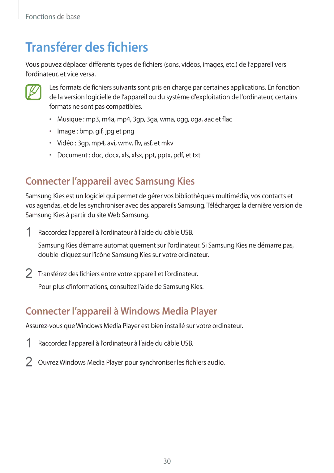 Samsung SM-T2100ZWAXEF, SM-T2100GRAXEF, SM-T2100ZWZXEF manual Transférer des fichiers, Connecter l’appareil avec Samsung Kies 