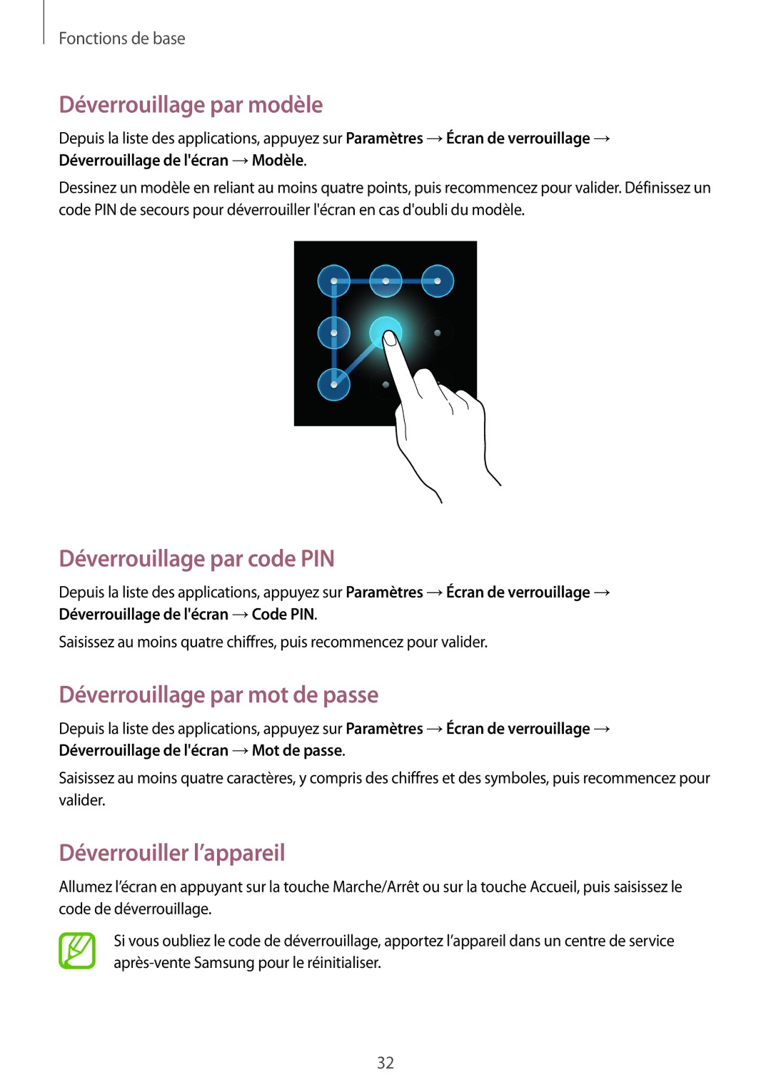 Samsung SM-T2100ZWZXEF manual Déverrouillage par modèle, Déverrouillage par code PIN, Déverrouillage par mot de passe 